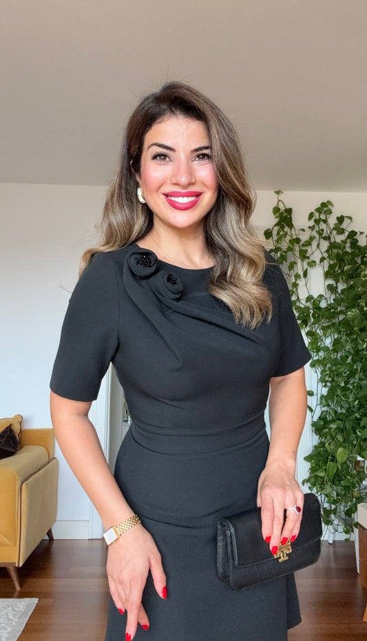 CLASSIC DRESS WITH SHOULDER FLOWER DETAIL – BLACK