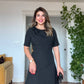 CLASSIC DRESS WITH SHOULDER FLOWER DETAIL – BLACK