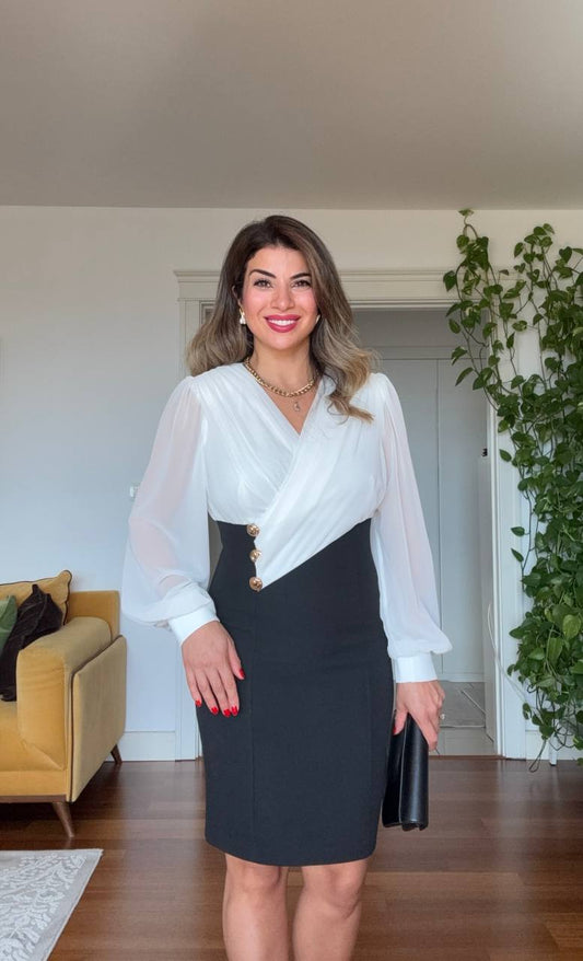 THREE-BUTTON DETAIL WRAP DRESS – BLACK & WHITE