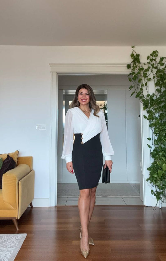 THREE-BUTTON DETAIL WRAP DRESS – BLACK & WHITE