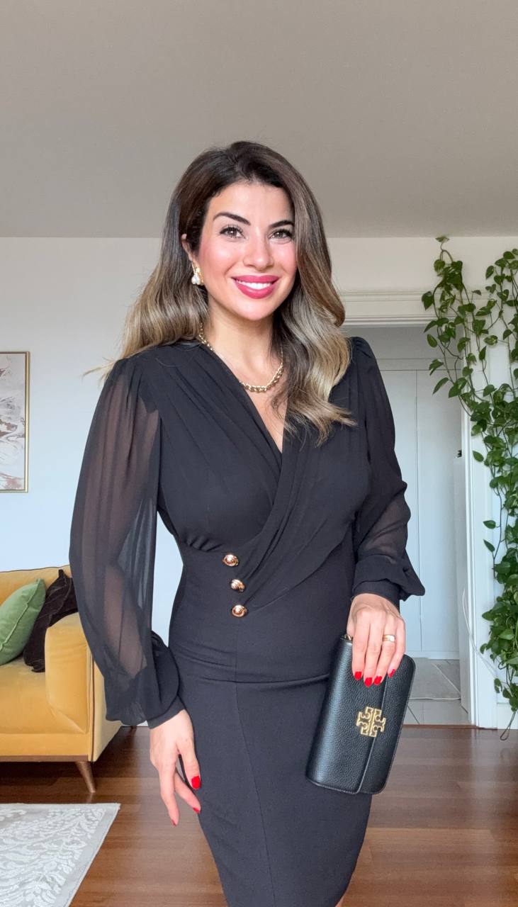 THREE-BUTTON DETAIL WRAP DRESS – BLACK