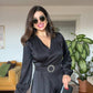 CROSS-NECK VOLANT SKIRT DRESS - BLACK
