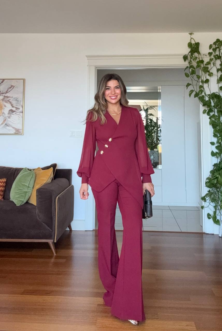 ASYMMETRIC CUT BLAZER SET - BURGUNDY