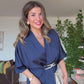 ELEGANT V-NECK SATIN DRESS WITH BELT DETAIL - NAVY