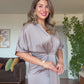 ELEGANT V-NECK SATIN DRESS WITH BELT DETAIL - MİNK