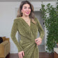 SHIMMERY WRAP NECK DRAPED MINI DRESS – GOLD GREEN