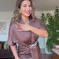 ELEGANT V-NECK SATIN DRESS WITH BELT DETAIL - MOCHA BROWN