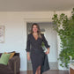 GOLD BUTTON DETAIL WRAP NECKLINE MIDI DRESS - BLACK