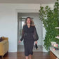 CHIFFON-SLEEVE GOLD BUTTON MIDI DRESS - BLACK