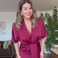 ELEGANT V-NECK SATIN DRESS WITH BELT DETAIL - BURGUNDY