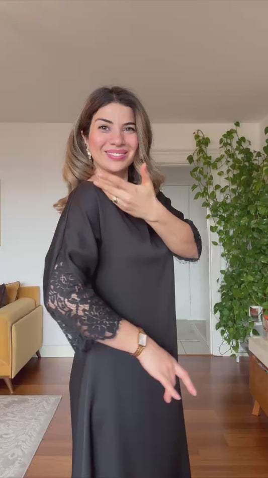 LACE DETAIL BELTED ELEGANT MIDI DRESS – BLACK