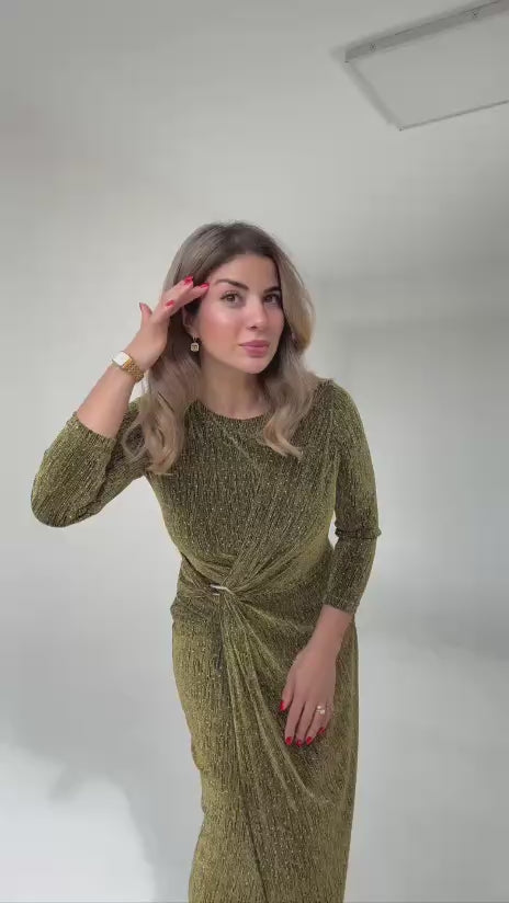 SHIMMERING WRAP DETAIL MIDI DRESS – KHAKİ