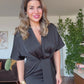 ELEGANT V-NECK SATIN DRESS WITH BELT DETAIL - BLACK