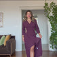 FLORAL BROOCH DETAIL SLIT DRESS - BURGUNDY